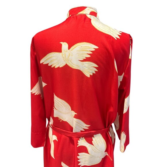 Red Long-Sleeve Bird Print Maxi Dress By Modaposa Button-Front With Tie Waist Wo - Picture 5 of 10
